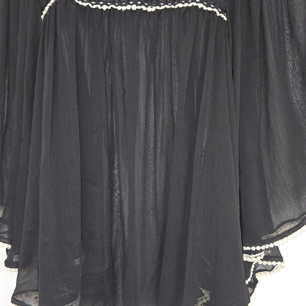 Black Sheer Boho Whimsigoth Fairycore Witchy Tunic Top w/Cream Crochet Trim - Picture 5 of 7